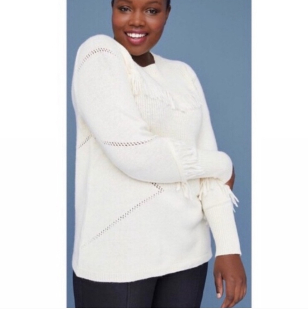 Lane Bryant Pullover Fringe Trim Sweater Top Shirt 14/16 Beige Boho Versatile